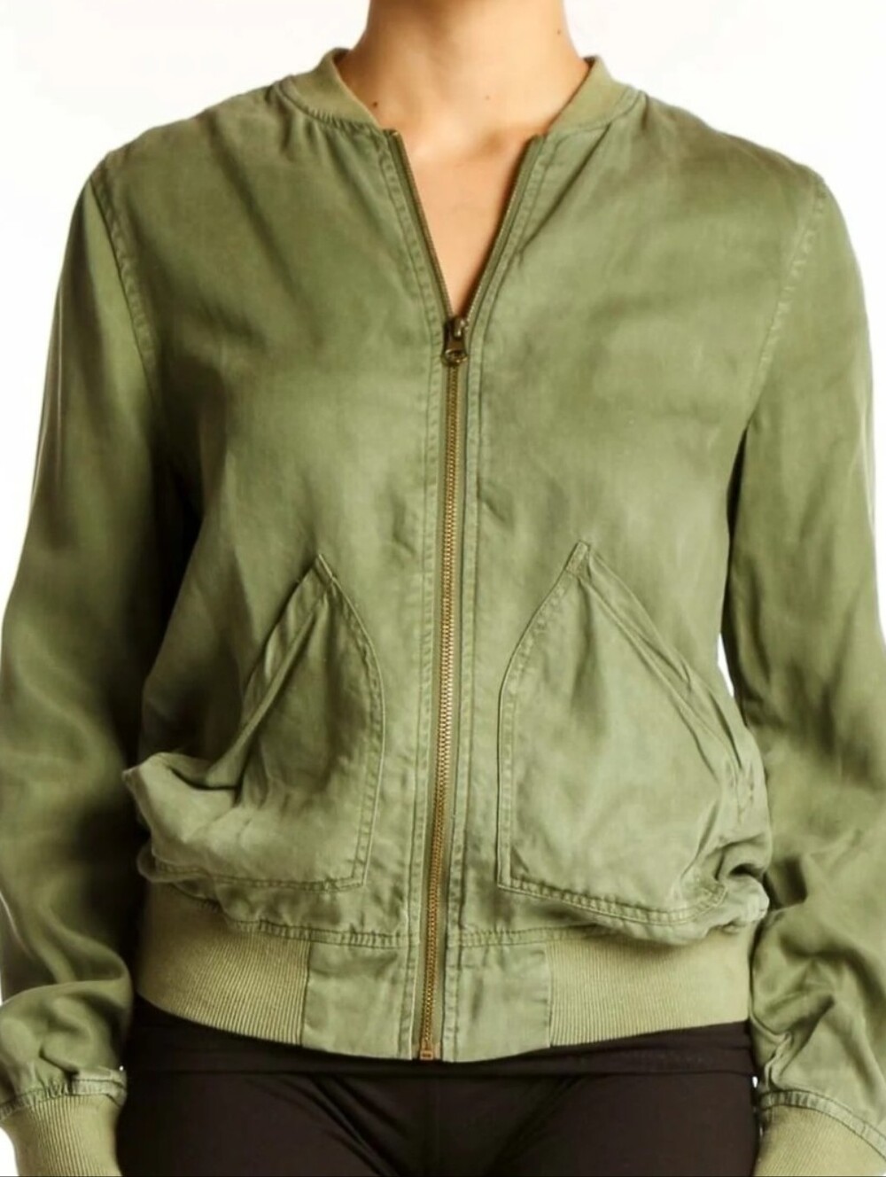 Kenneth Cole REACTION Women's Olive Green Zip-Front Tencel Bomber Jacket Sz M